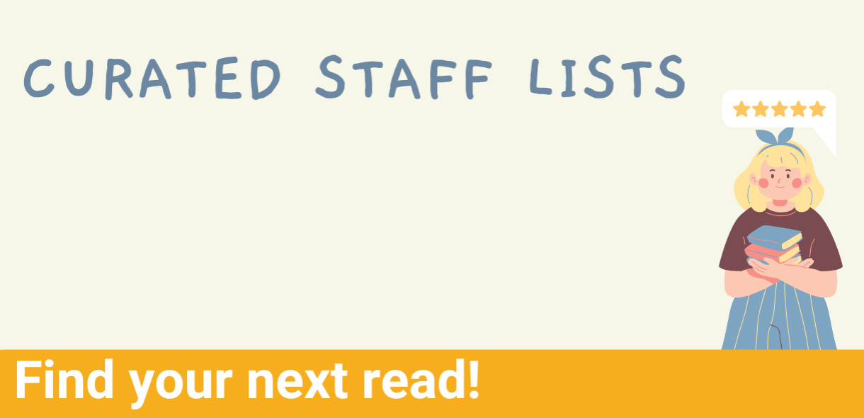 Green background with girl reviewing book and text "Curated Staff Lists"